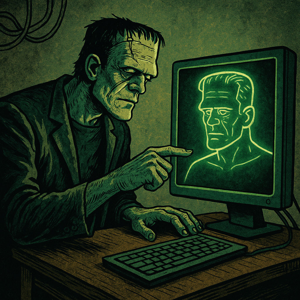 Frankenstein designing a digital twin on a monitor